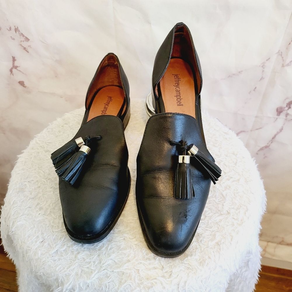 Jeffrey Campbell Black Leather Tassel Loafers